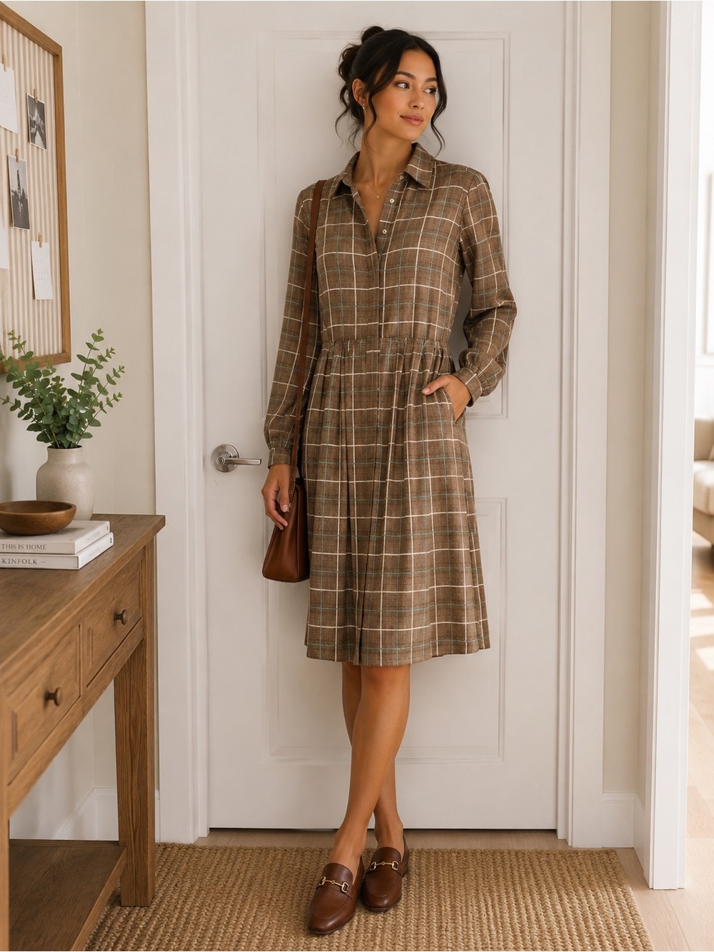 100% Silk Caliban Preppy Plaid Work Academia A-line Button Down Shirt Dress Sz S